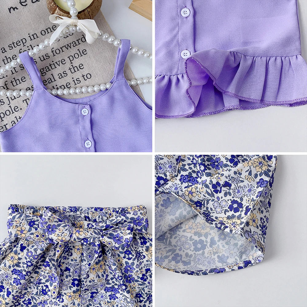 Bear Leader Girls' Summer Set – Solid Suspender T-Shirt Top & Floral Shorts, 2-Piece Kids Clothing Outfit