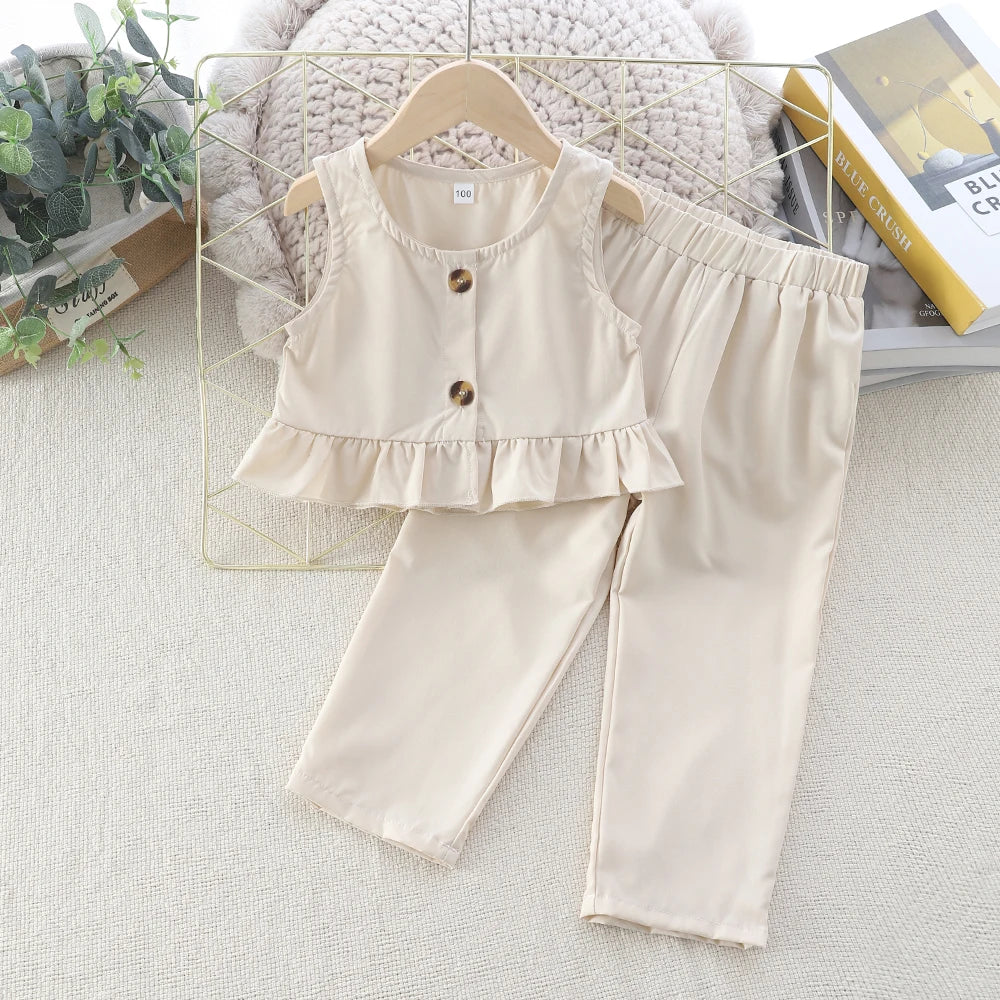 Girls Clothing Simple Sleeveless Set Button Vest Design +Beige Pants Kids Casual Suits
