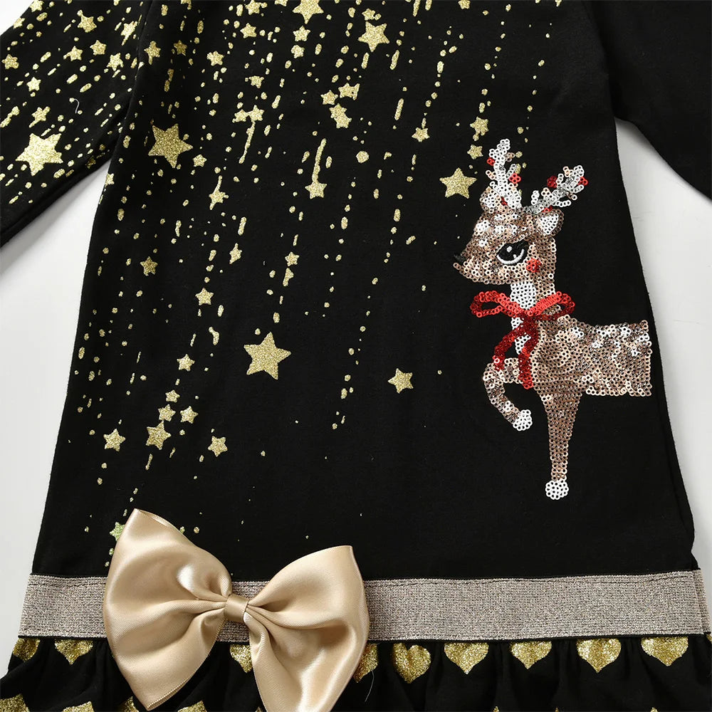 Gold Elk Christmas Heart Sequin Girls Dress