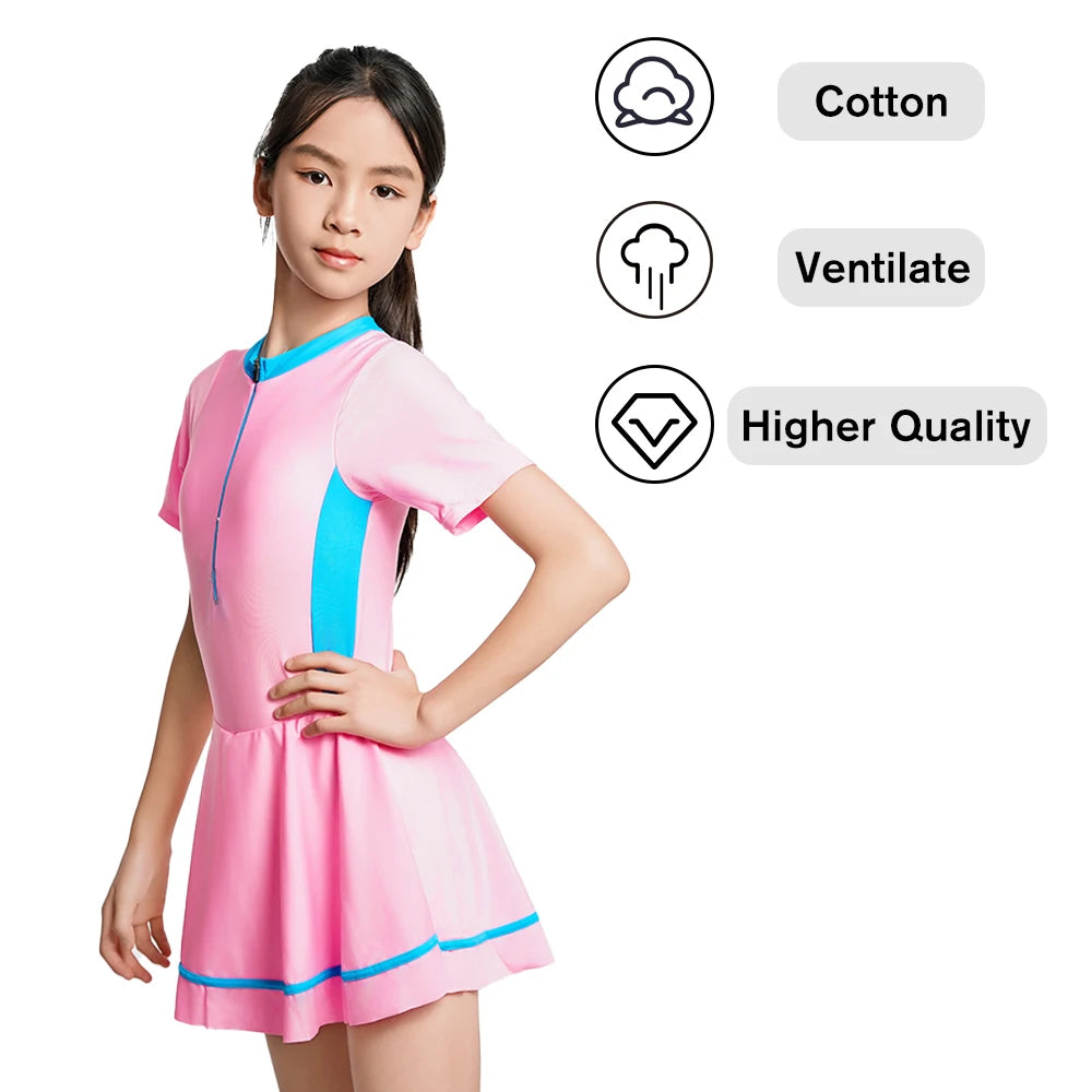 Girls One Piece Swimsuit Short Sleeve Zipper Swimwear