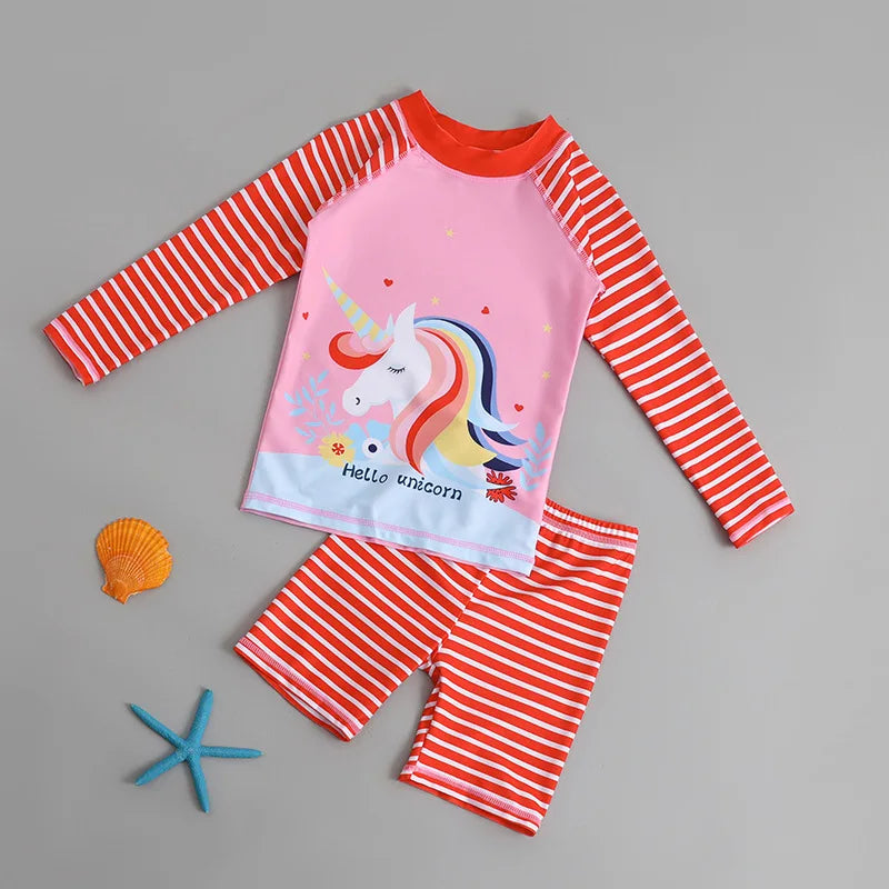 Kids’ Cartoon Swimwear Set – Long Sleeve Sun Protection Bathing Suits for Boys & Girls