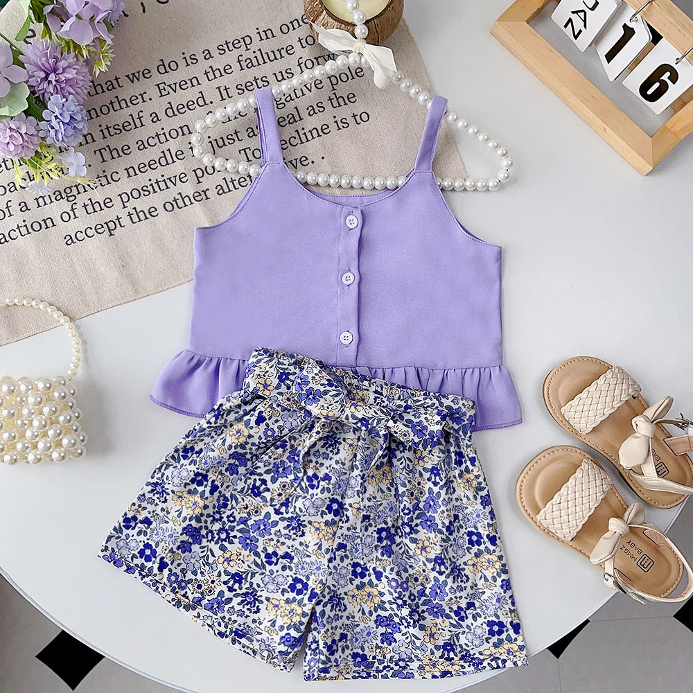 Bear Leader Girls' Summer Set – Solid Suspender T-Shirt Top & Floral Shorts, 2-Piece Kids Clothing Outfit