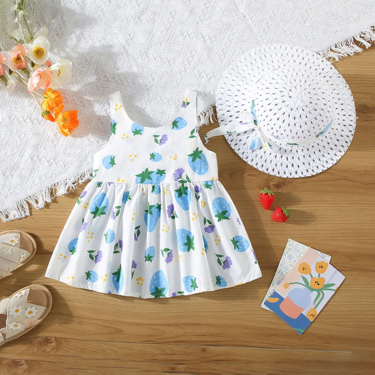 MOMSTAG Summer Bow Cartoon Strawberry Dress Set (Girls)