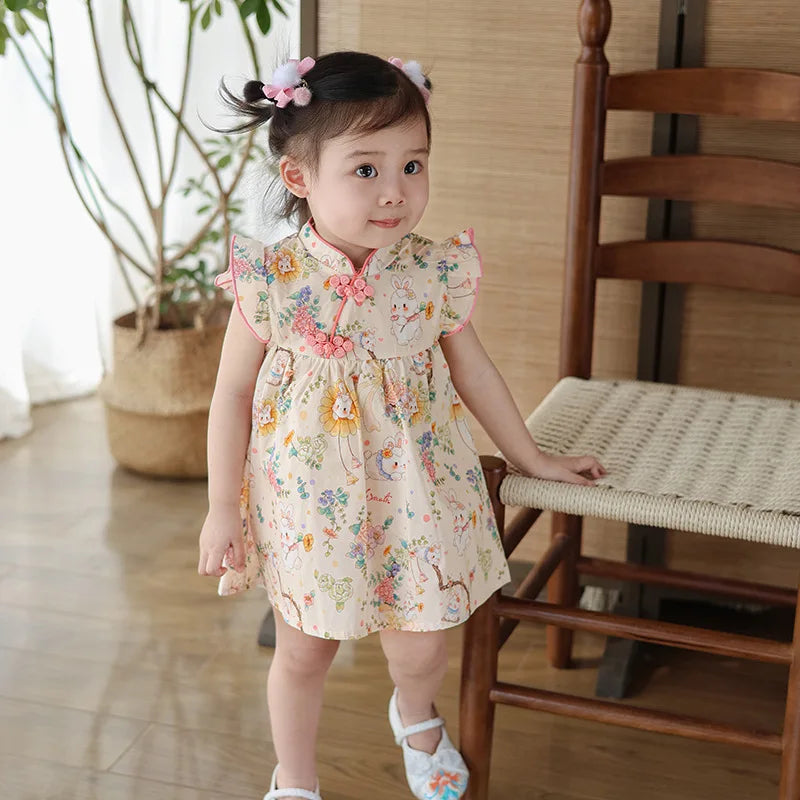 Summer Sunflower Bunny Flying Sleeve Chinese Style Dress (Girls, 0-3 Years Old)
