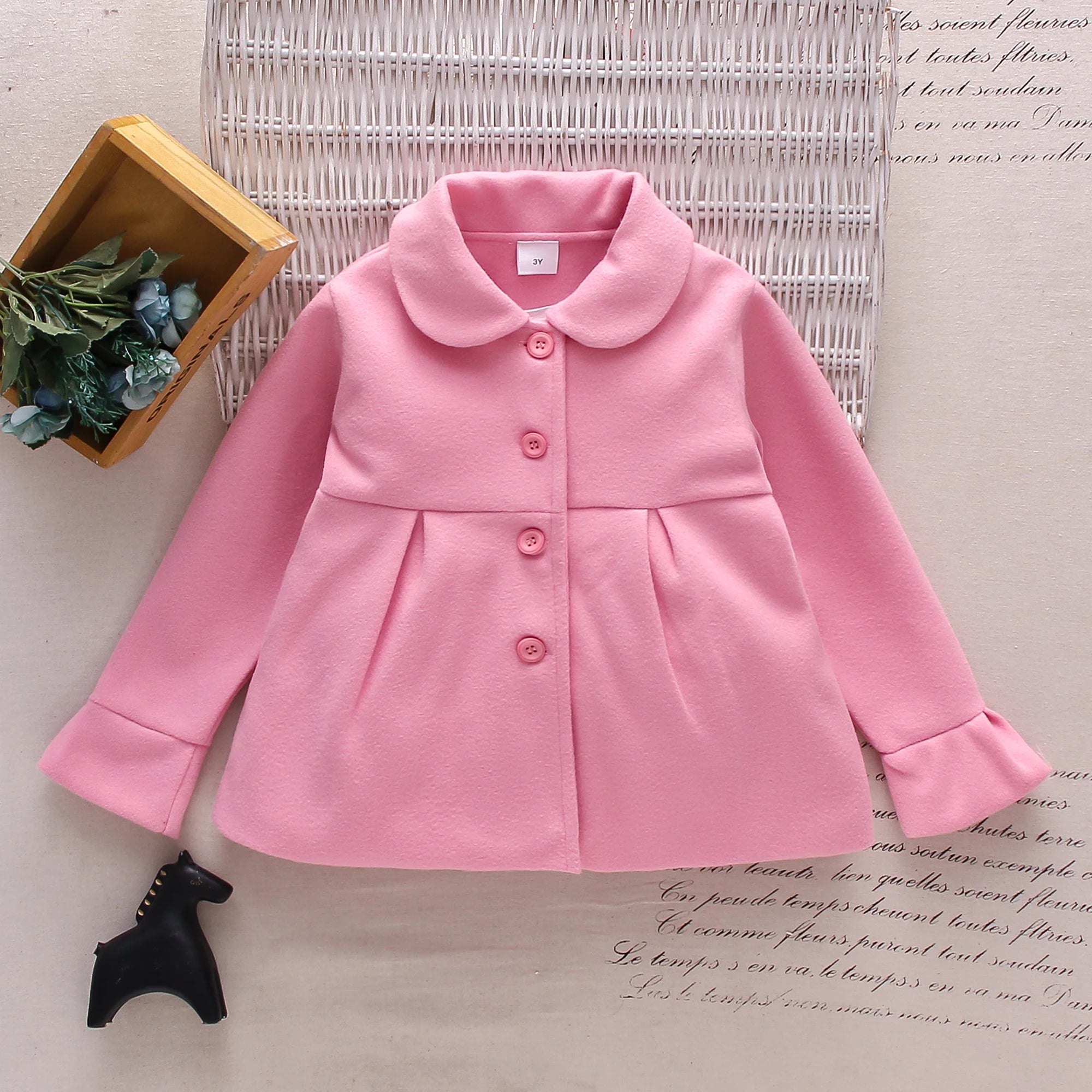 Baby Girl Woolen Coat – Pink Warm Flip Collar Long-Sleeve Button Coat