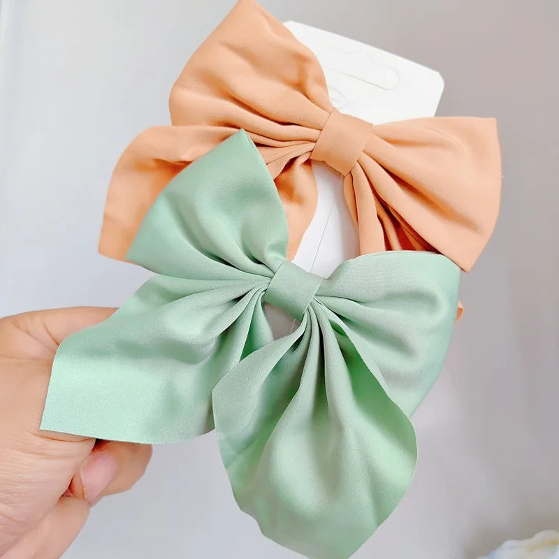 Solid Color Satin Bowknot Hair Clips For Girls