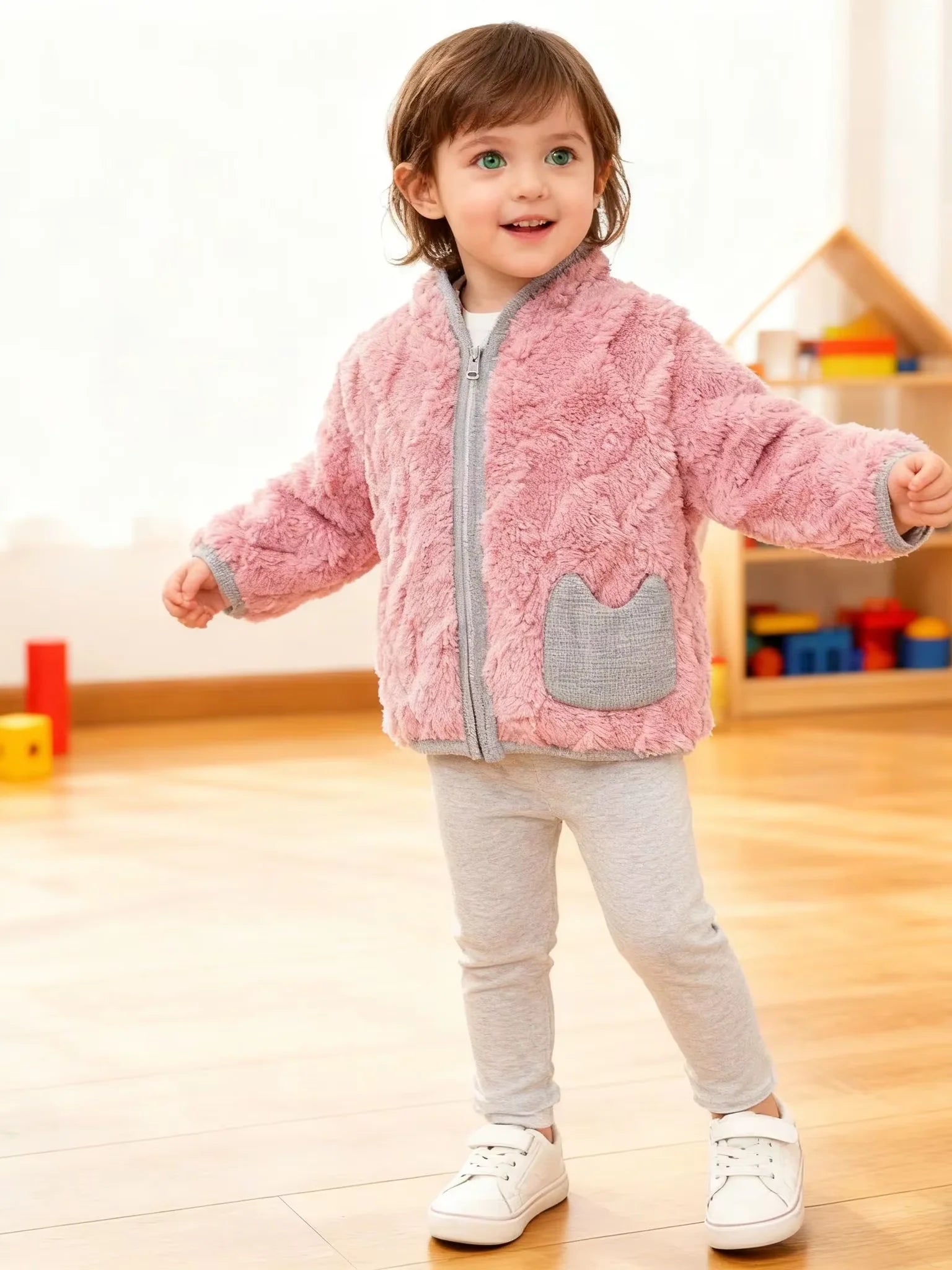 Girls' Cotton Plush Winter Jacket Pink Cat Pockets