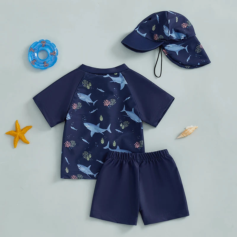 Zipper Closure Short Sleeve Rash Guard Swimsuit set with Trunks Hat for Boys