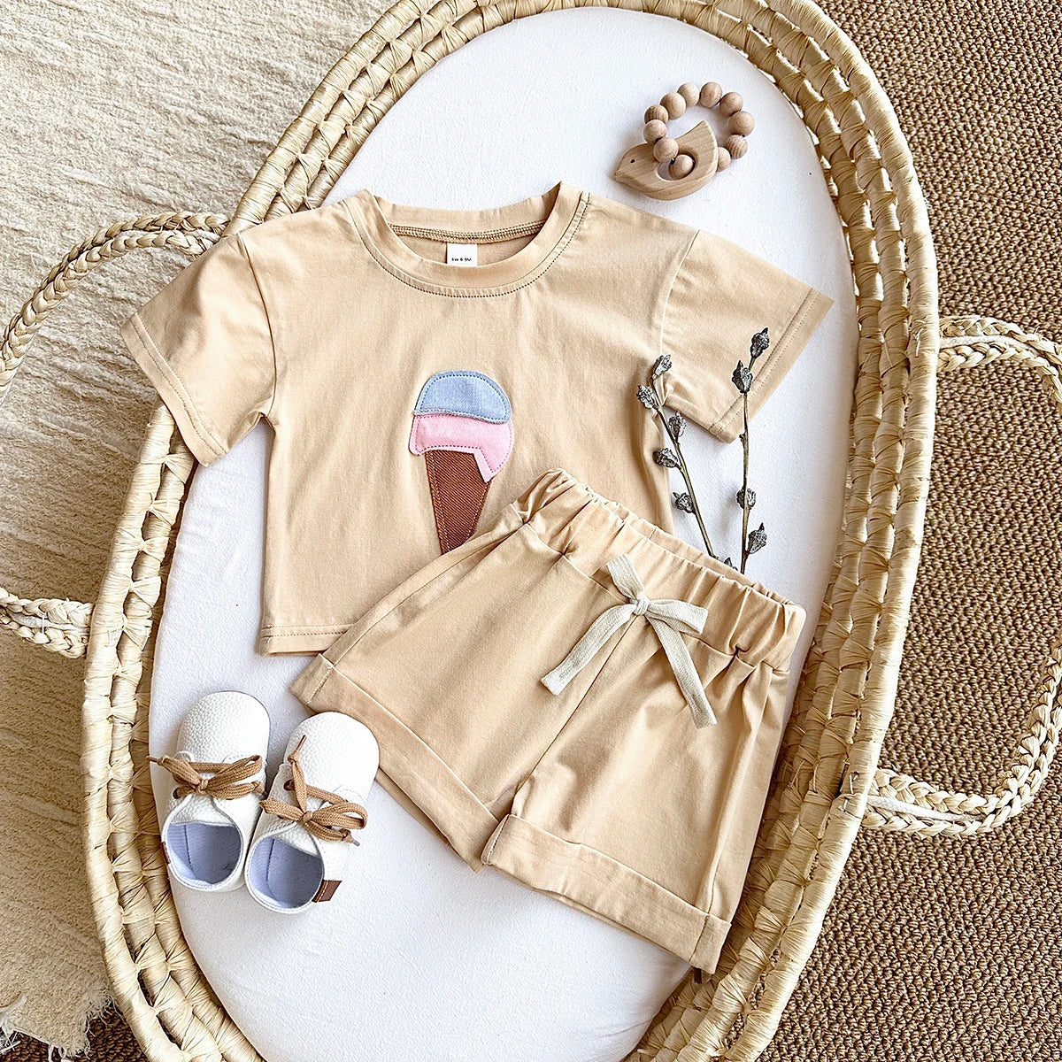 Baby Summer Outfit – 2-Piece Newborn Set, Ice Cream Print T-Shirt & Sports Shorts for Boys & Girls