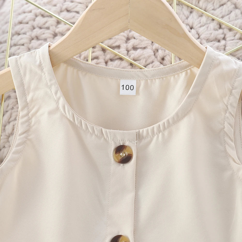 Girls Clothing Simple Sleeveless Set Button Vest Design +Beige Pants Kids Casual Suits