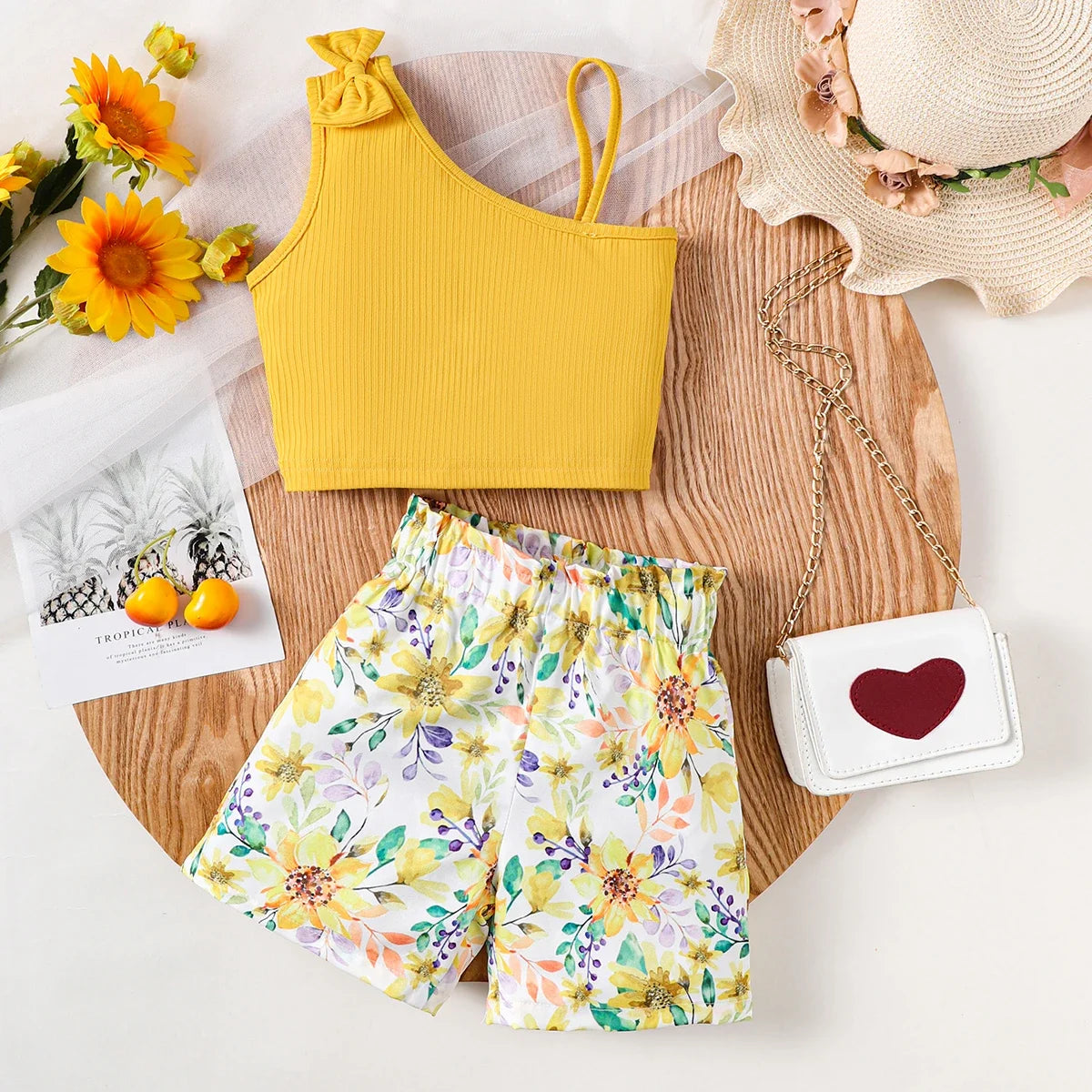 2-Piece Suspenders Top with Bow & Floral Shorts (For Girls 1-8 Years)