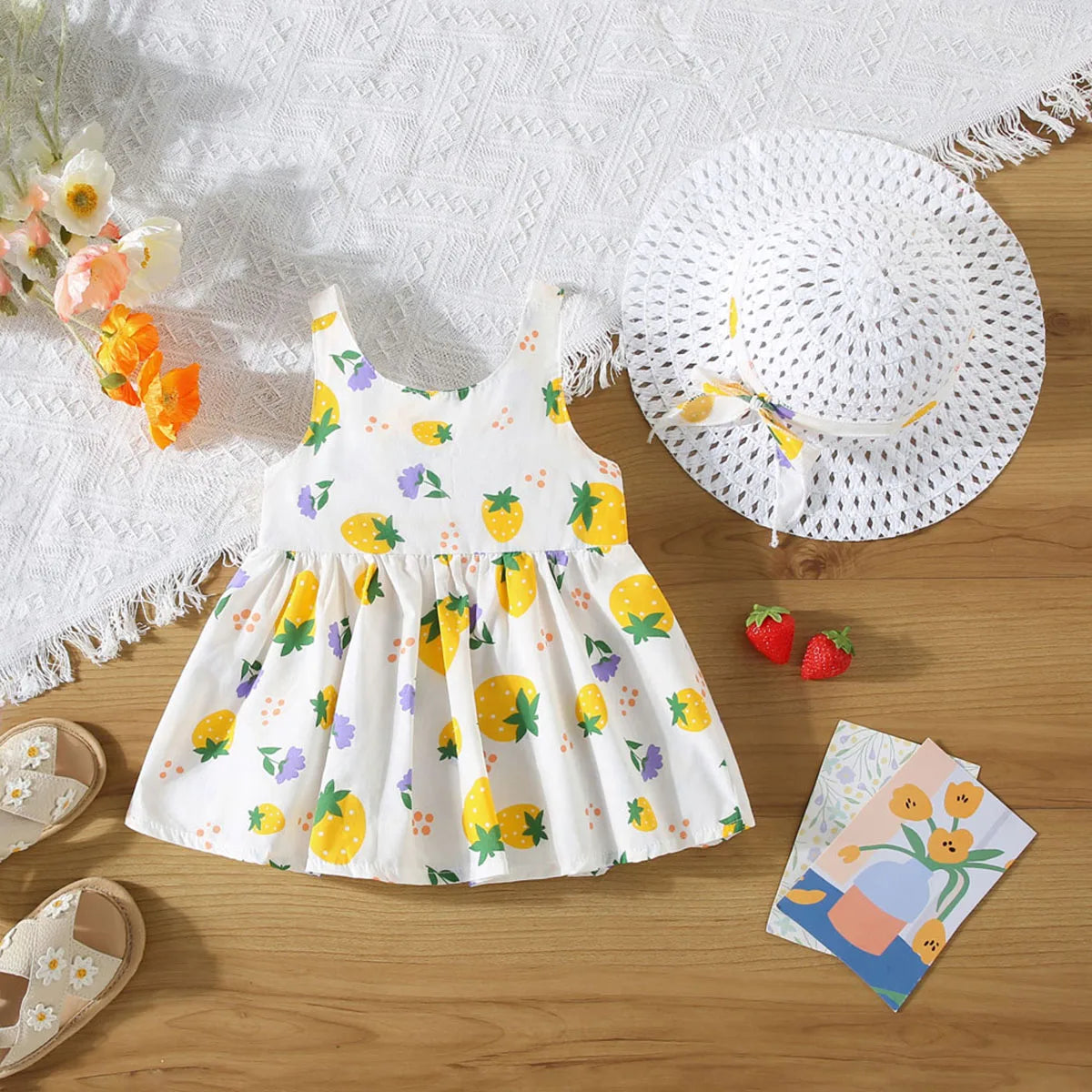 MOMSTAG Summer Bow Cartoon Strawberry Dress Set (Girls)