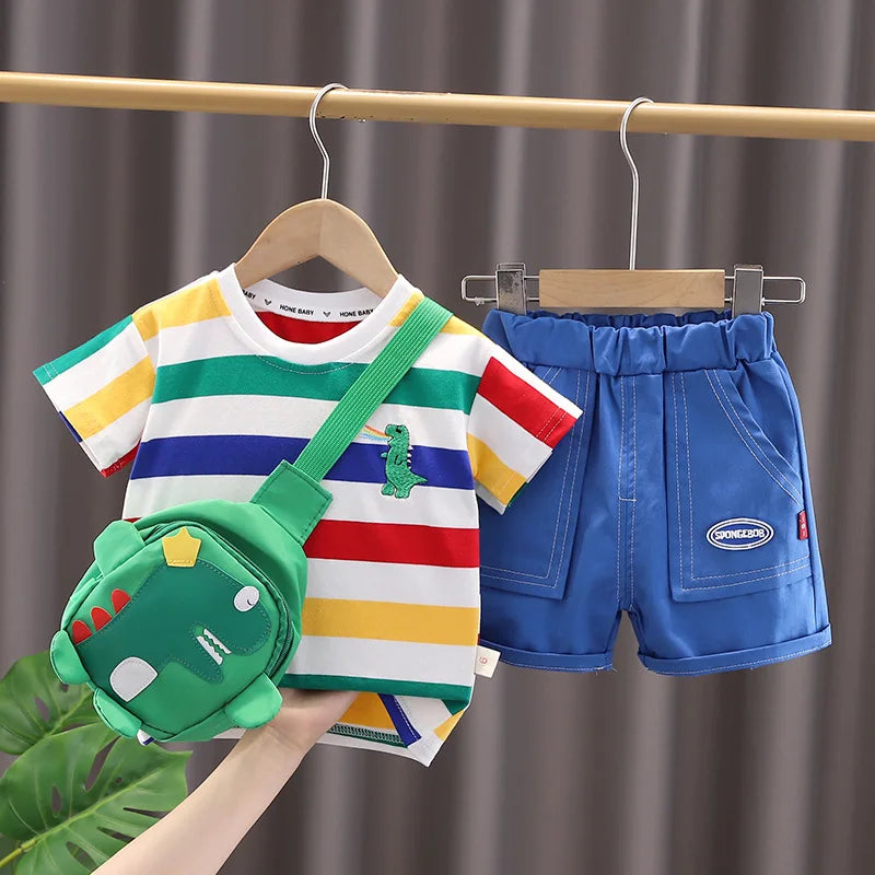 Cartoon Dinosaur O-neck T-shirt+Shorts+Bag for Toddler Boys