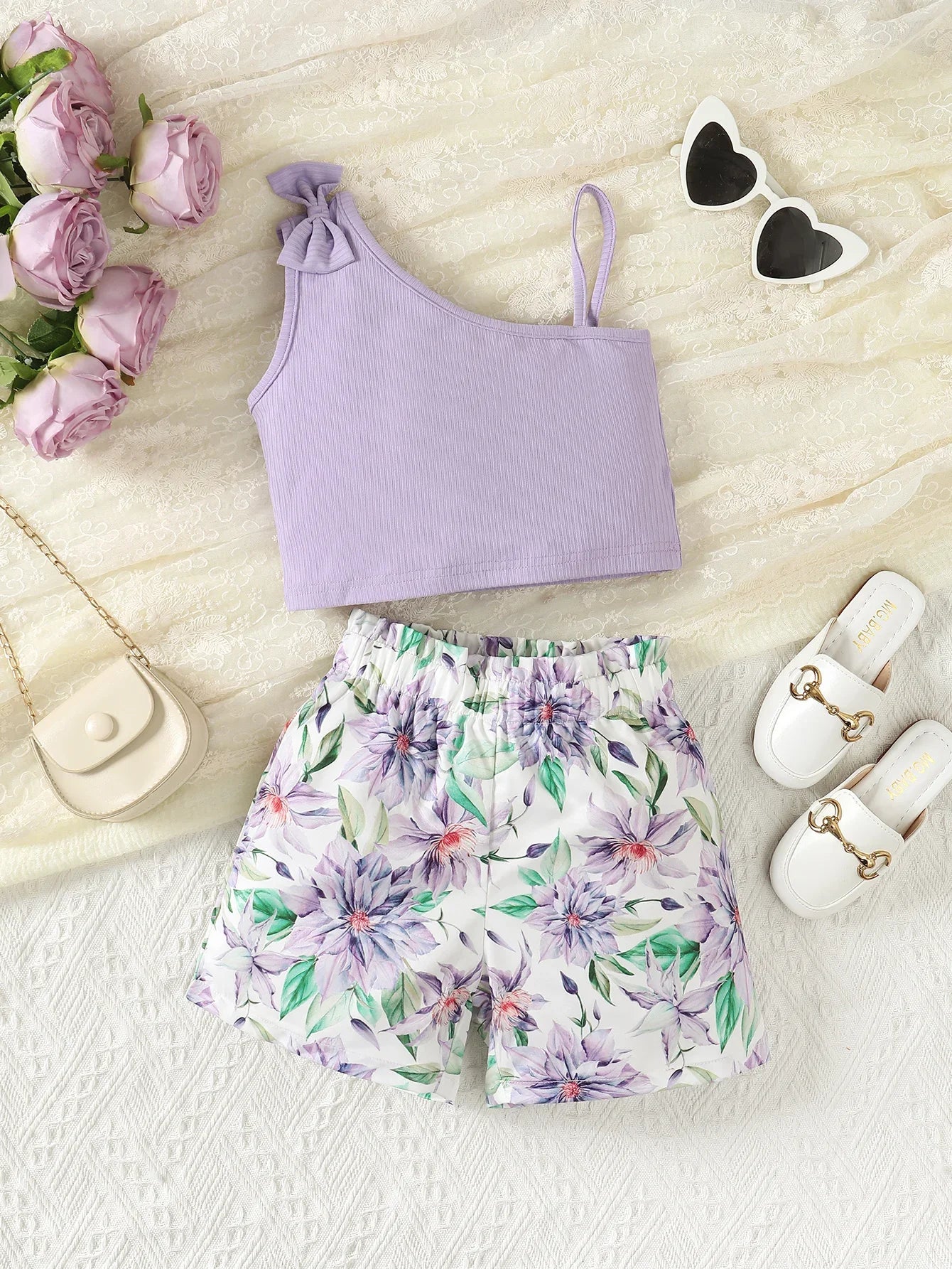 2-Piece Suspenders Top with Bow & Floral Shorts (For Girls 1-8 Years)