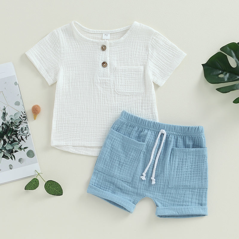 Short-Sleeve Button-Down Top with Pocket & Solid Color Shorts (0-3Y)