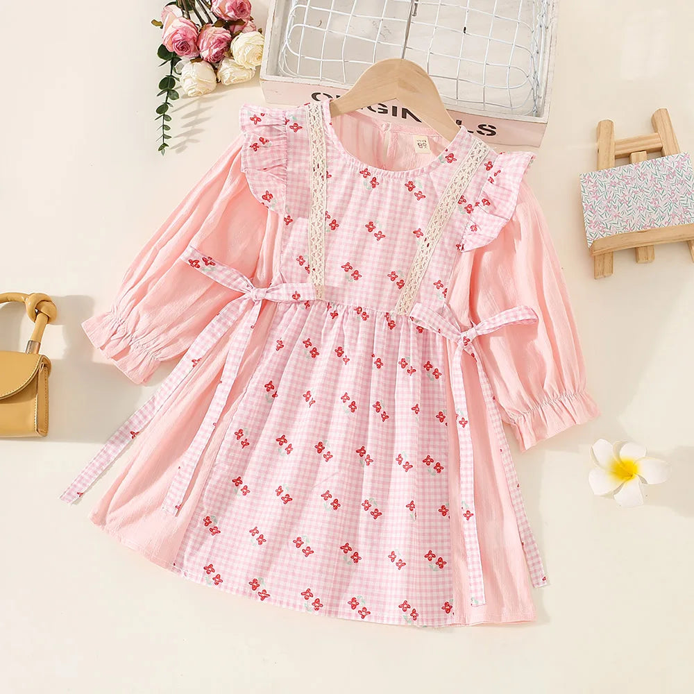 Baby Girl Plaid Floral Dress – Long-Sleeve Princess Outfit for Spring & Autumn, Countryside Style Birthday Party Dress
