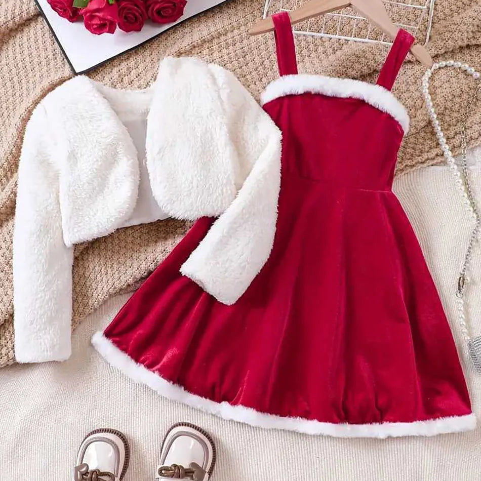 Girls Winter Coat & Red Velvet Dress Set