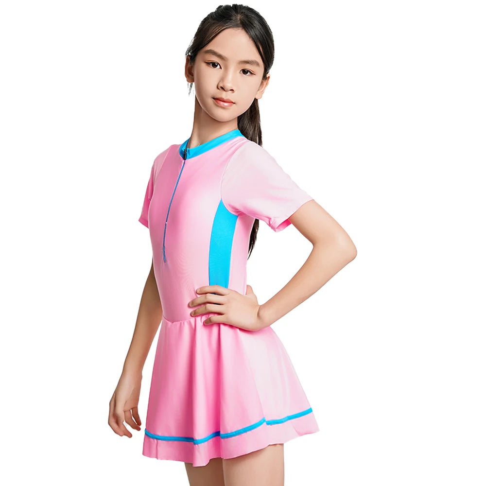 Girls One Piece Swimsuit Short Sleeve Zipper Swimwear