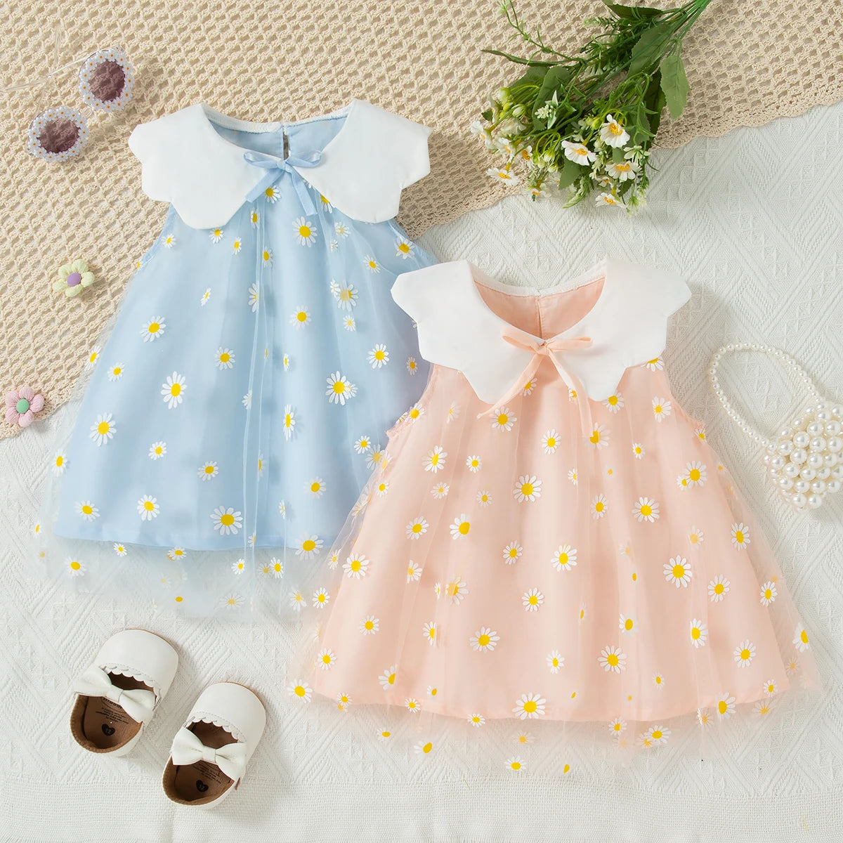 Baby Girl Summer Dress – Floral Print & Lace Bow