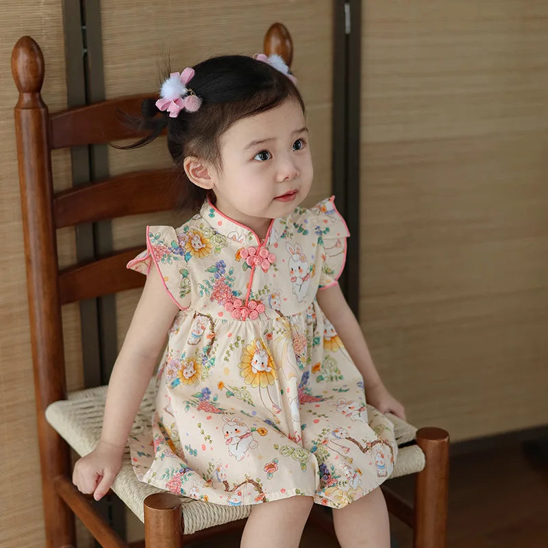 Summer Sunflower Bunny Flying Sleeve Chinese Style Dress (Girls, 0-3 Years Old)
