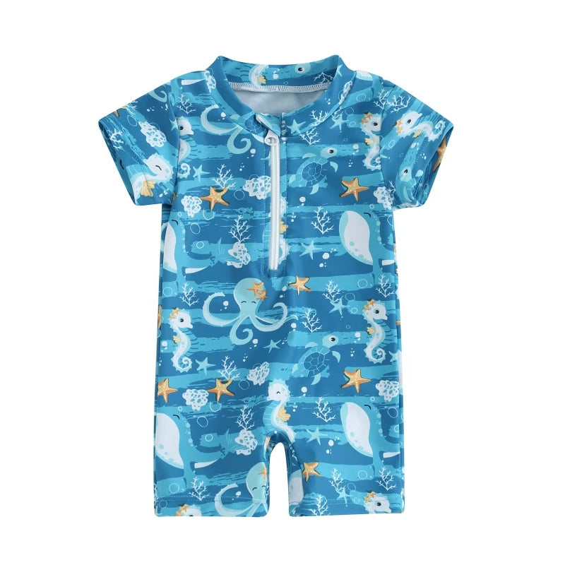 Boys' Sea Print Zipper Swimsuit