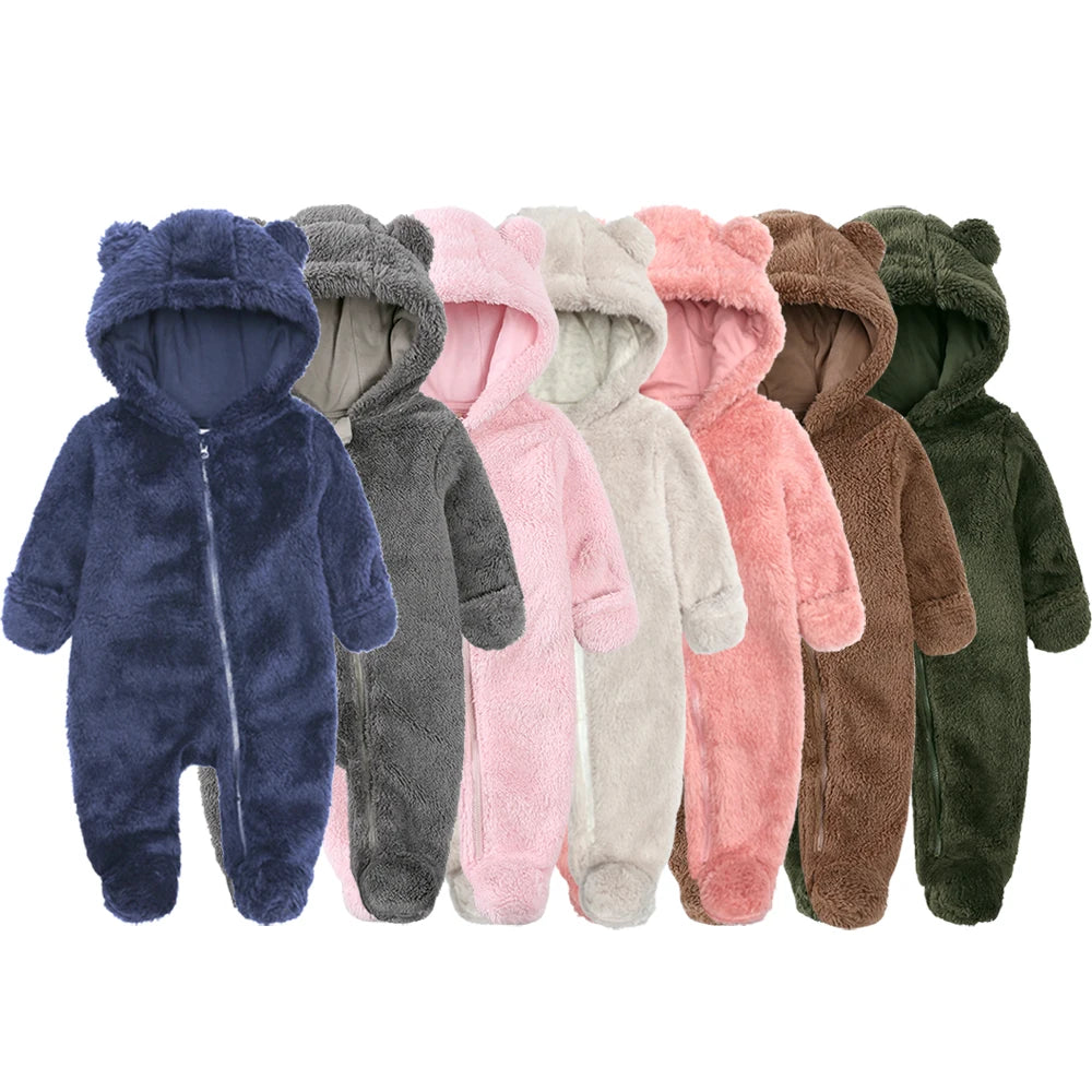 0-12M Fleece Baby Romper Hooded Zipper Bodysuit