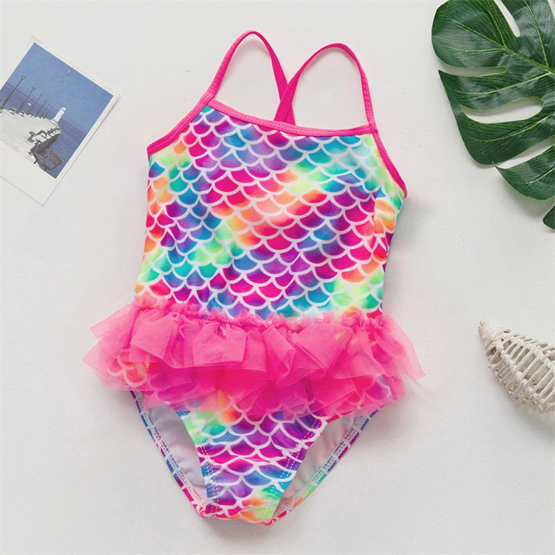 Mermaid Fish Scale Unicorn One-Piece Girls Swimwear for 4-8 Years
