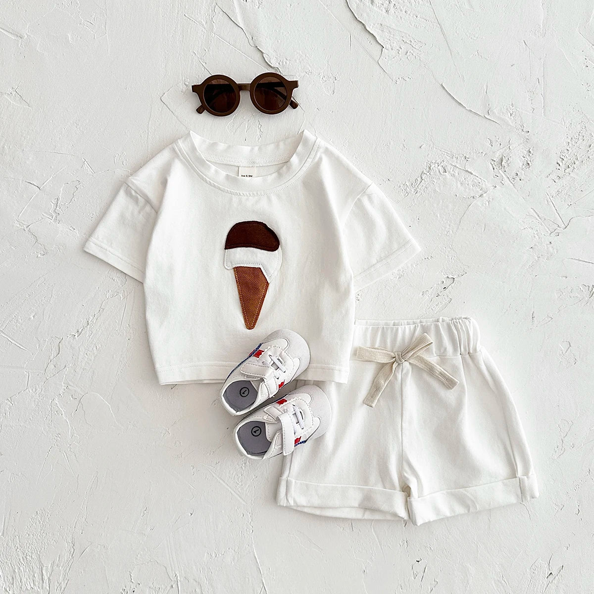 Baby Summer Outfit – 2-Piece Newborn Set, Ice Cream Print T-Shirt & Sports Shorts for Boys & Girls