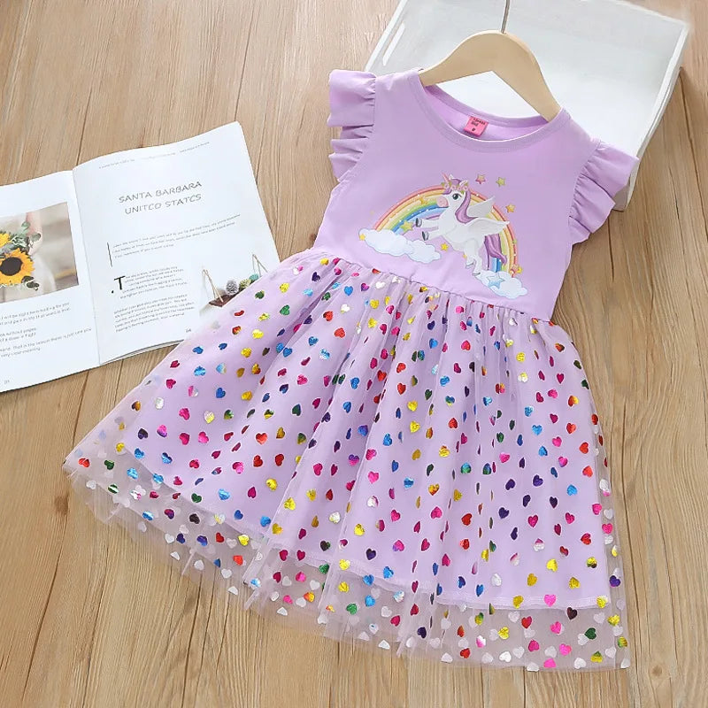 Girls' Unicorn Sequin Dress – Short Sleeve Princess Costume for Daily Wear