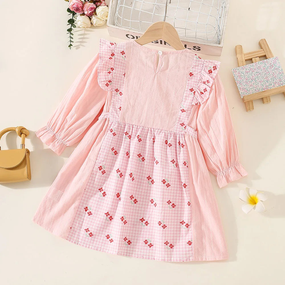 Baby Girl Plaid Floral Dress – Long-Sleeve Princess Outfit for Spring & Autumn, Countryside Style Birthday Party Dress