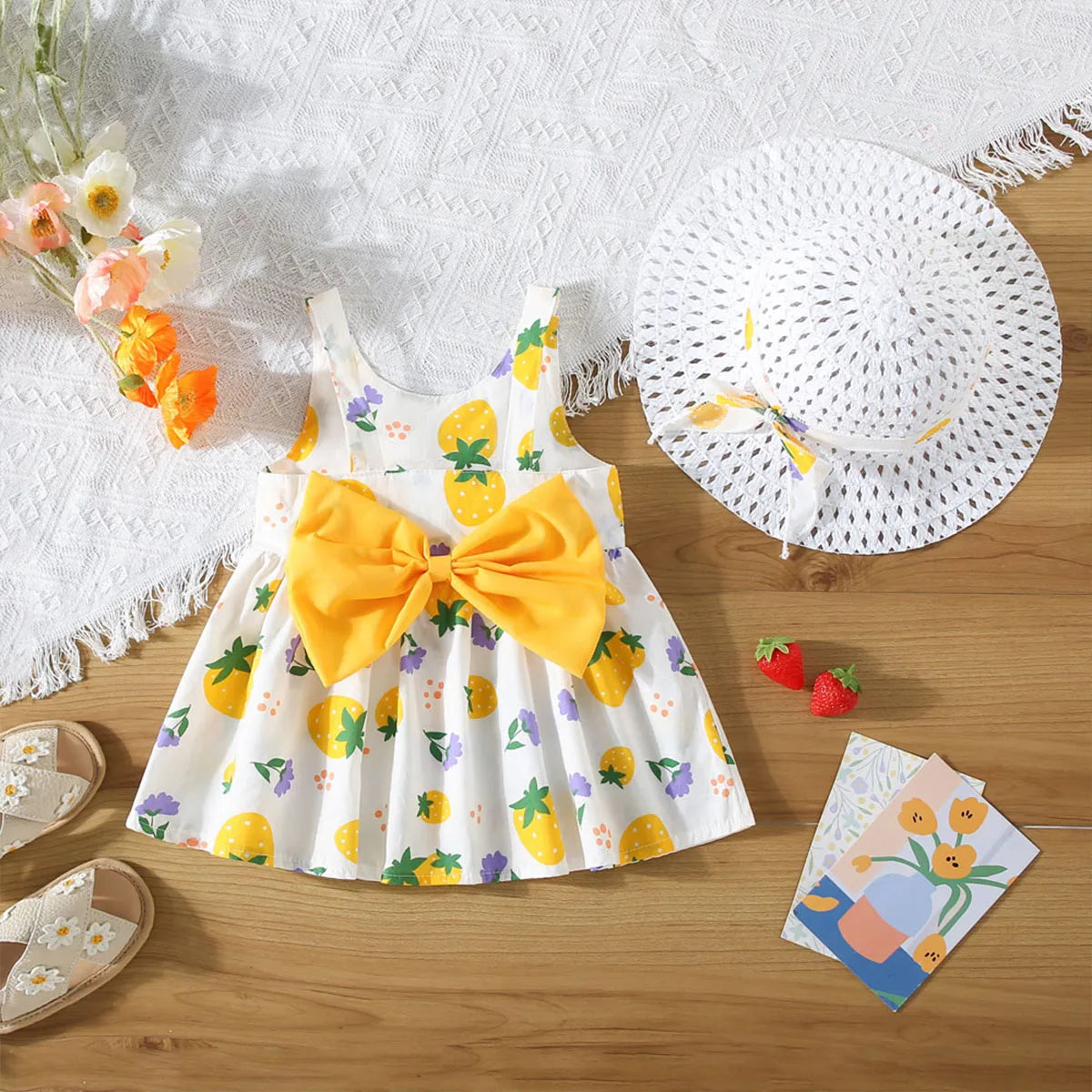 MOMSTAG Summer Bow Cartoon Strawberry Dress Set (Girls)