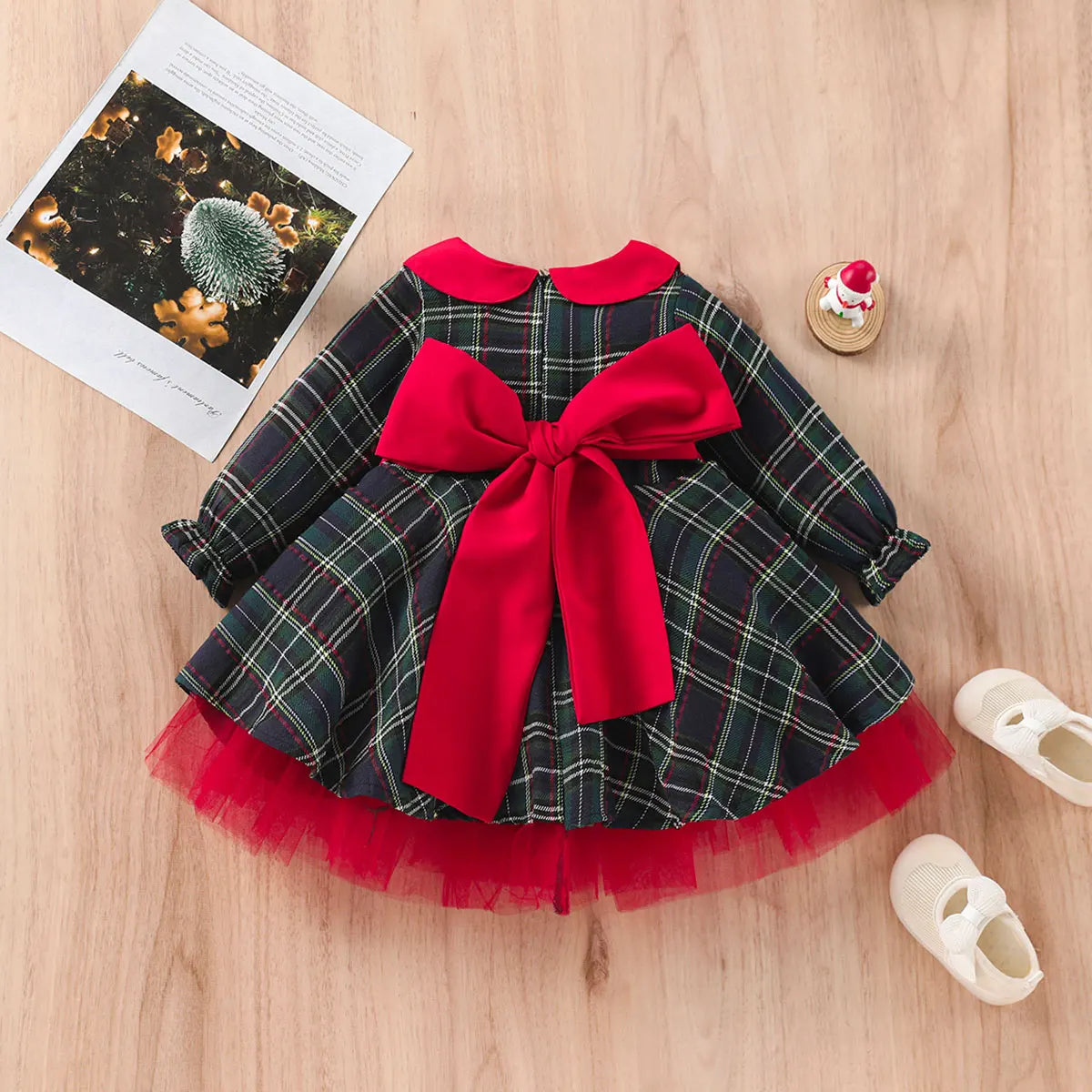 Girls Plaid Bow Christmas Red Tutu Dress
