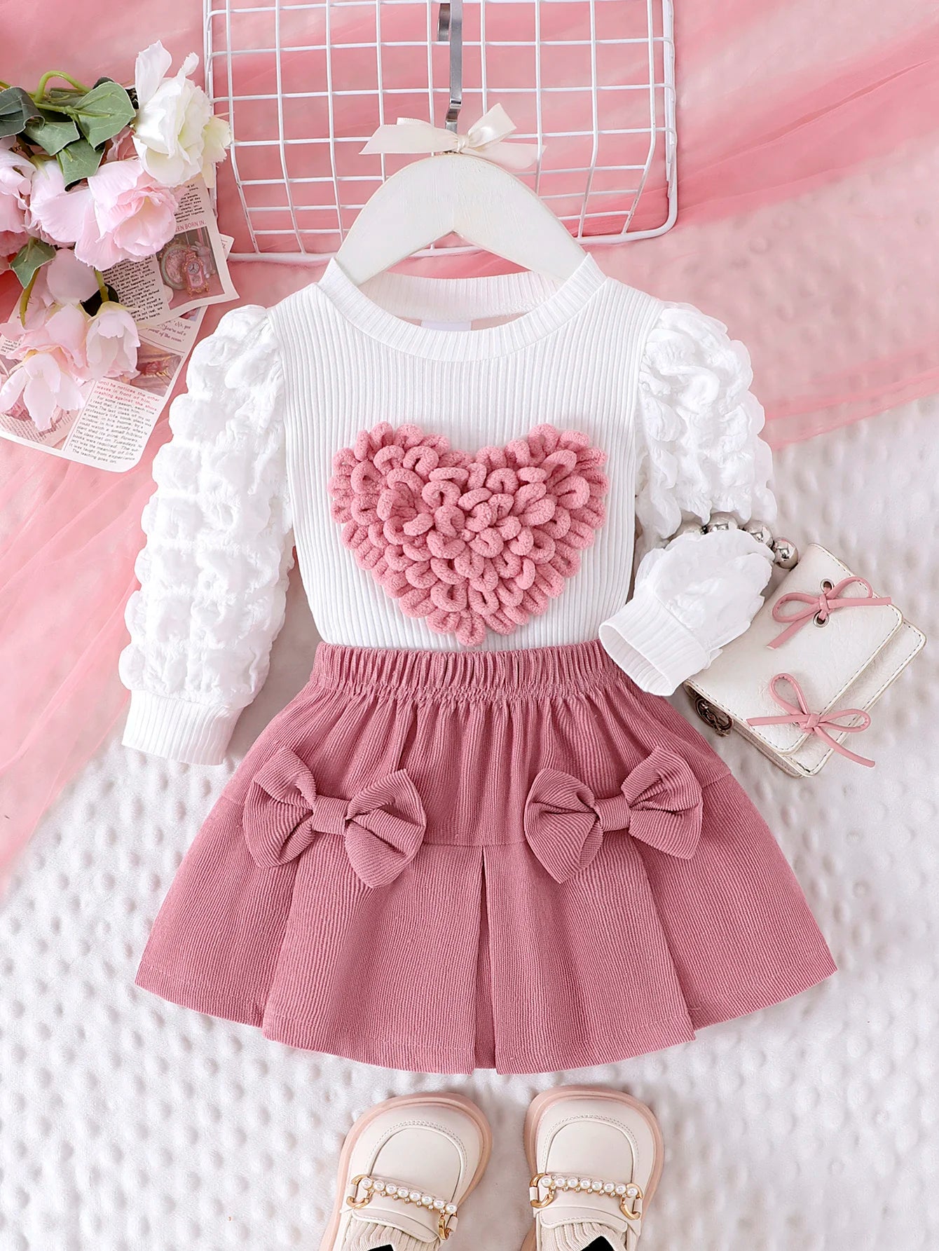 Cute Winter Bow Heart Top and Shorts Set