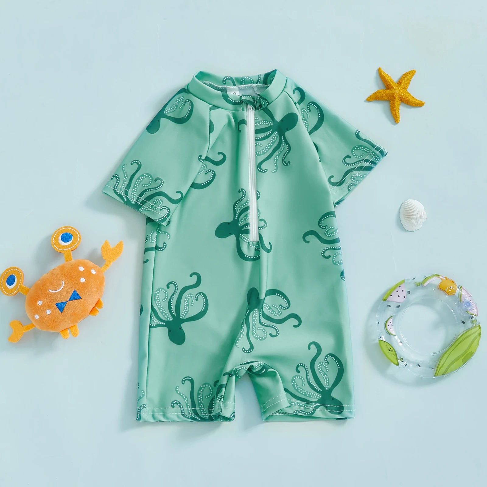 Cute Octopus Print Zip-Up Short Sleeve Swimwear