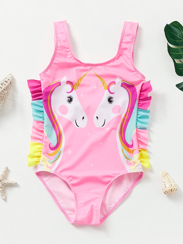 Mermaid Fish Scale Unicorn One-Piece Girls Swimwear for 4-8 Years