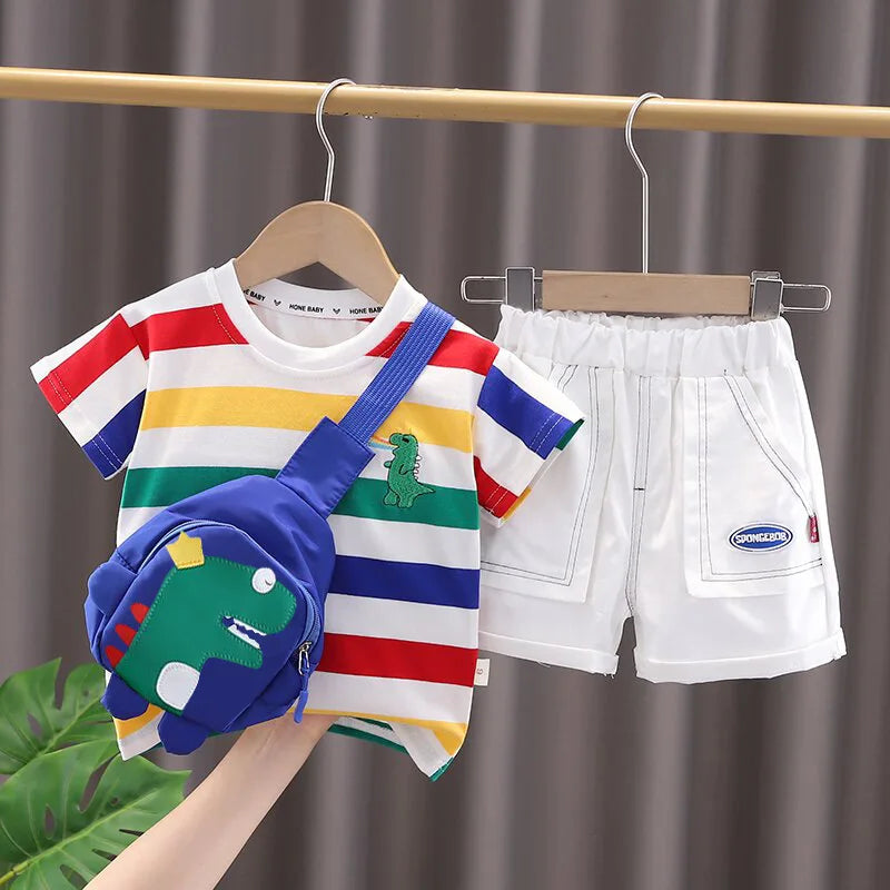 Cartoon Dinosaur O-neck T-shirt+Shorts+Bag for Toddler Boys