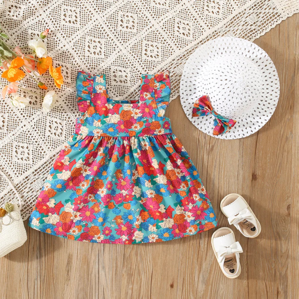 Summer Flower Print Princess Dress with Hat (Girls)