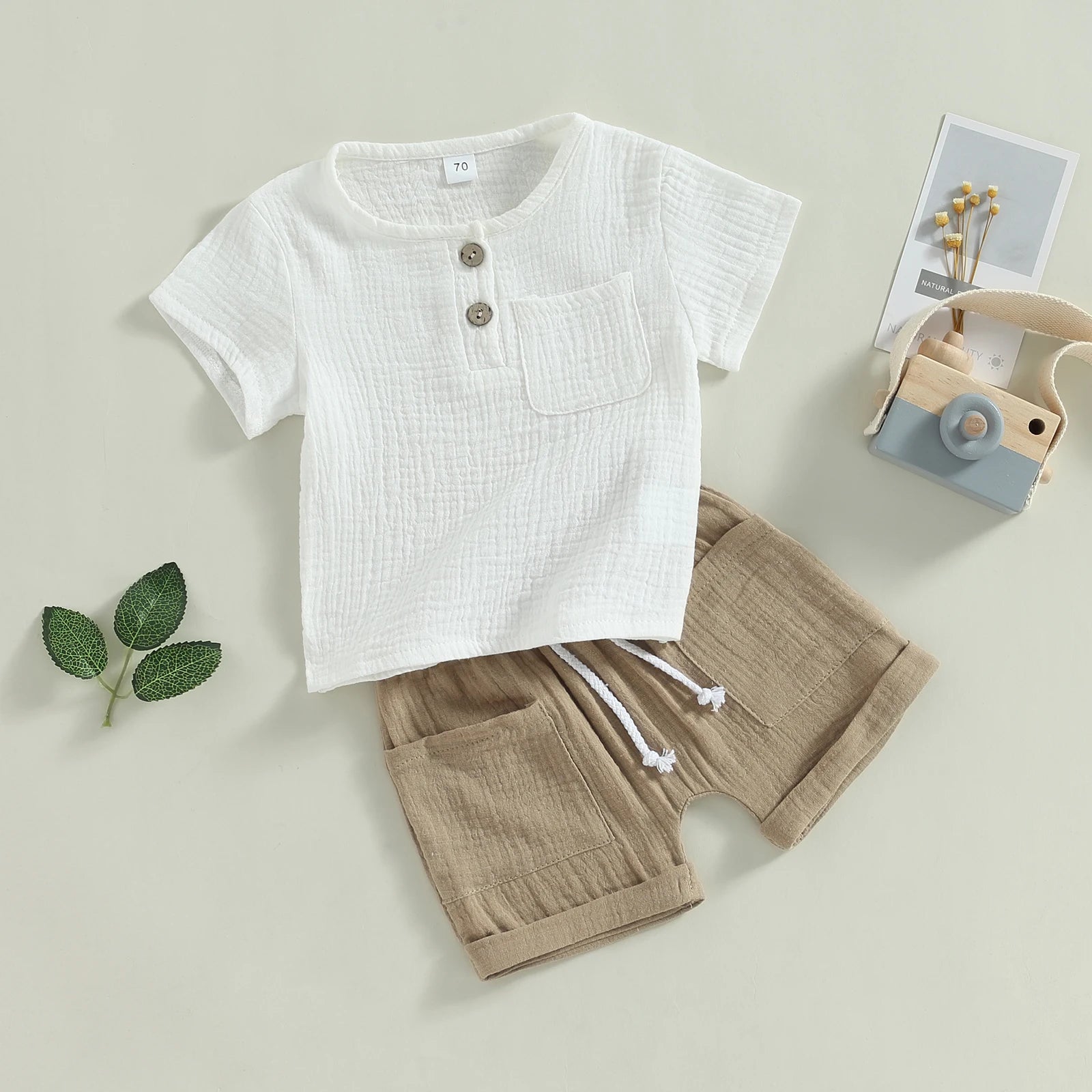 Short-Sleeve Button-Down Top with Pocket & Solid Color Shorts (0-3Y)