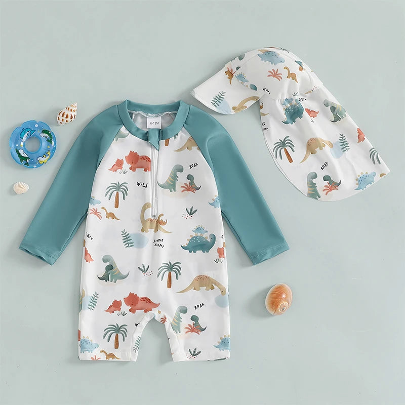 Toddler Boys' Dinosaur Rash Guard Swimsuit with Cap