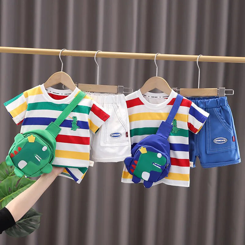 Cartoon Dinosaur O-neck T-shirt+Shorts+Bag for Toddler Boys