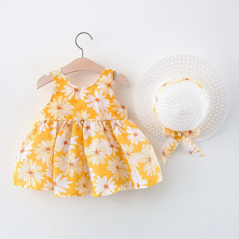 Small Daisy Print Bow Strap Dress with hat