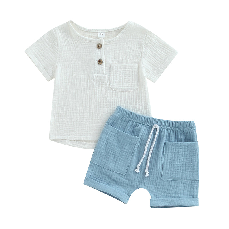 Short-Sleeve Button-Down Top with Pocket & Solid Color Shorts (0-3Y)