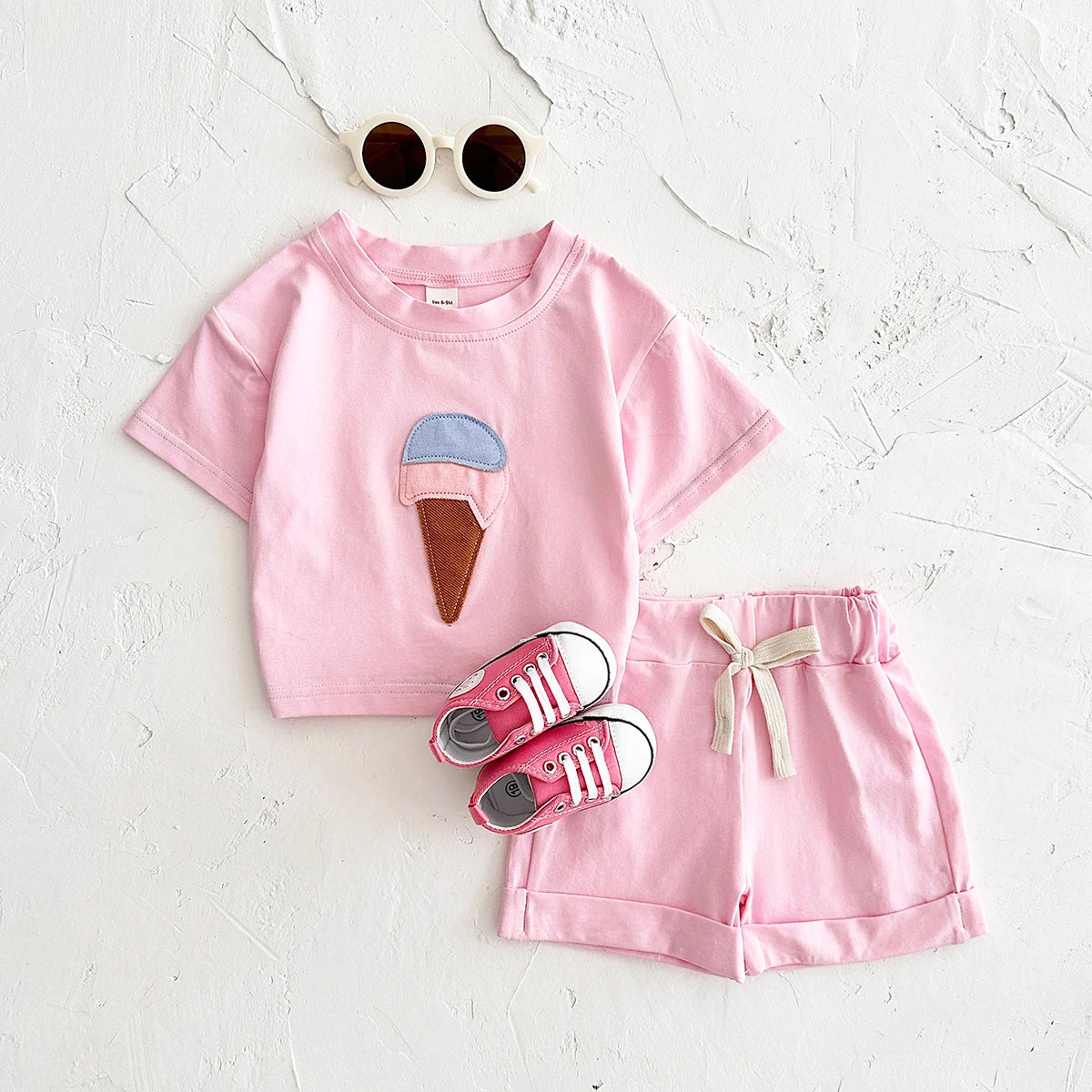 Baby Summer Outfit – 2-Piece Newborn Set, Ice Cream Print T-Shirt & Sports Shorts for Boys & Girls
