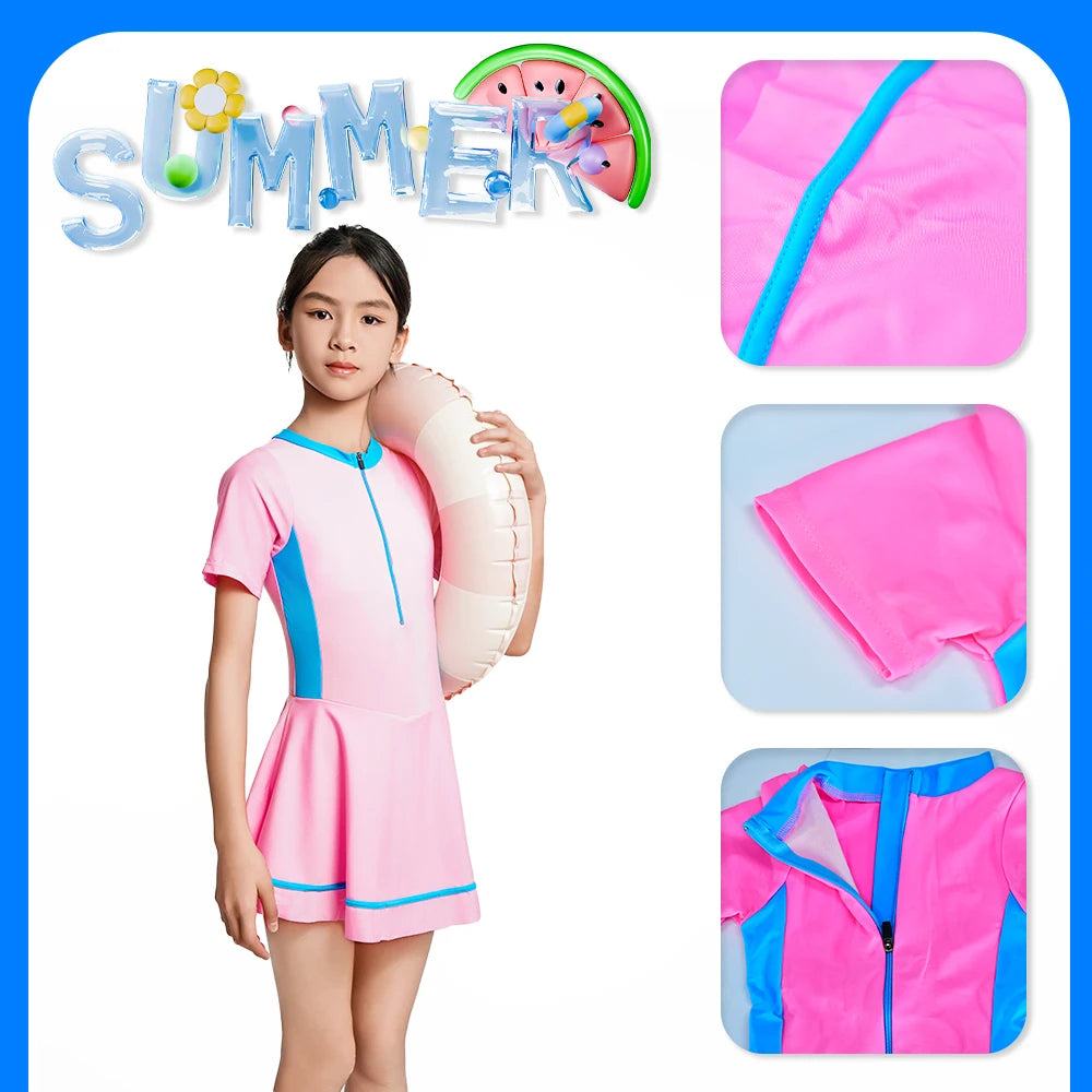 Girls One Piece Swimsuit Short Sleeve Zipper Swimwear