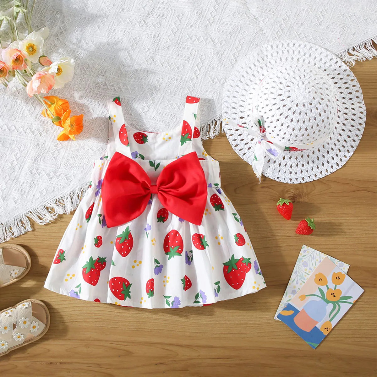MOMSTAG Summer Bow Cartoon Strawberry Dress Set (Girls)