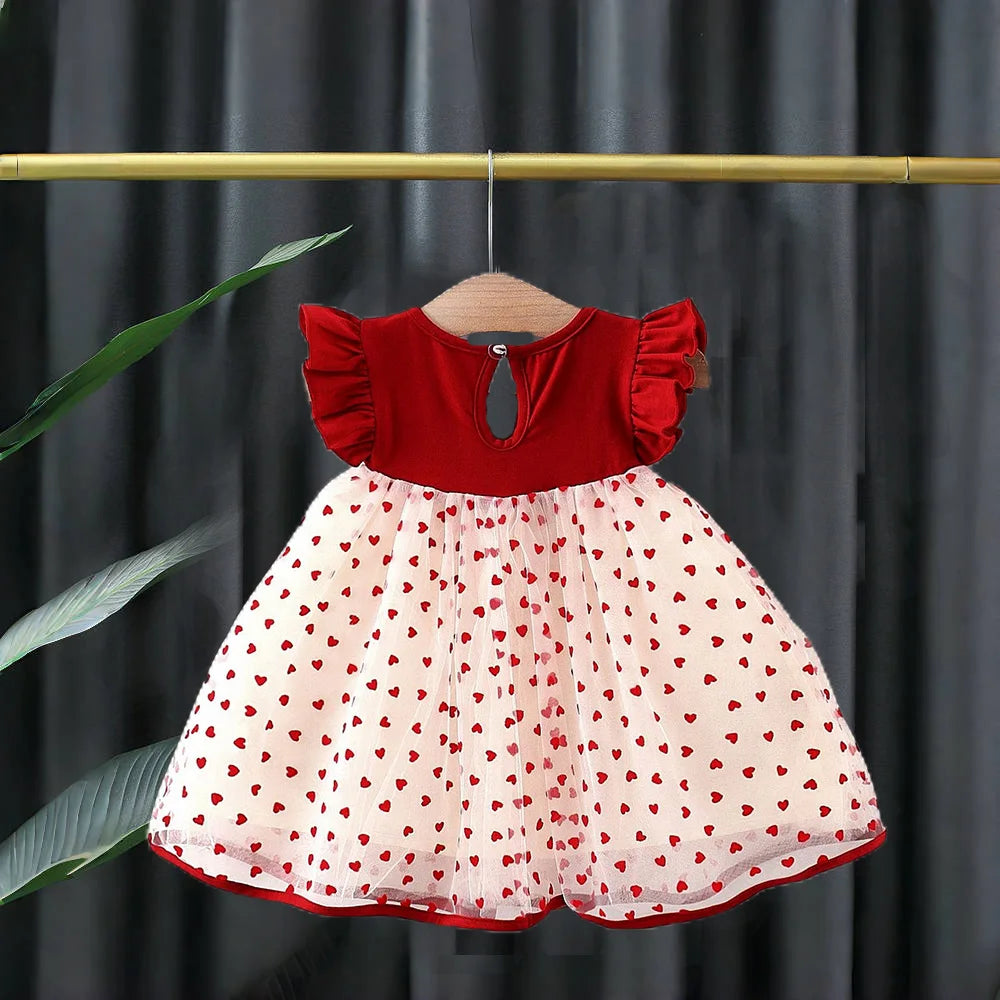 Baby Girl Summer Princess Dress – Red Mesh Love Print