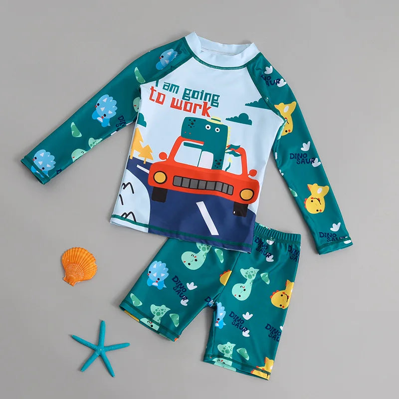 Kids’ Cartoon Swimwear Set – Long Sleeve Sun Protection Bathing Suits for Boys & Girls