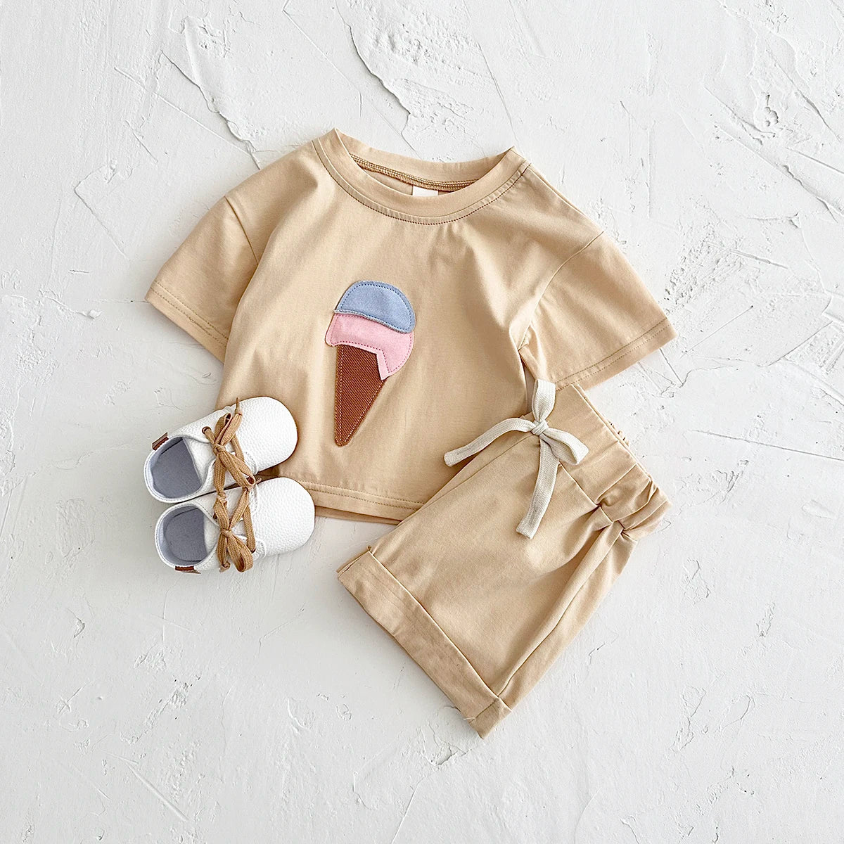 Baby Summer Outfit – 2-Piece Newborn Set, Ice Cream Print T-Shirt & Sports Shorts for Boys & Girls