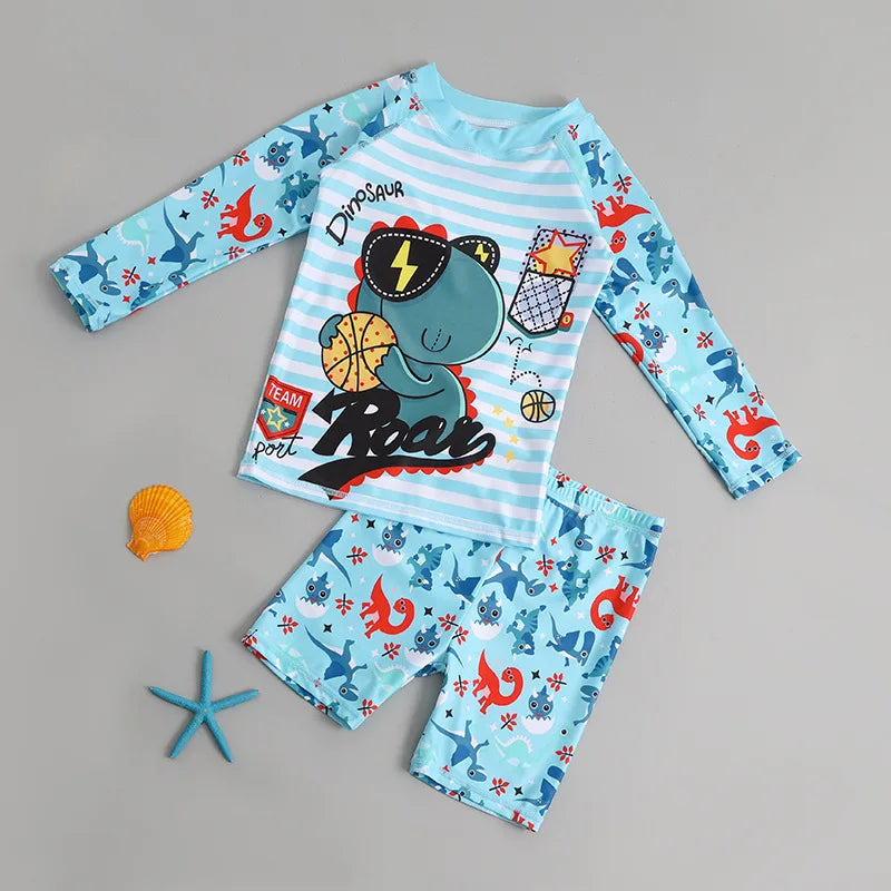 Kids’ Cartoon Swimwear Set – Long Sleeve Sun Protection Bathing Suits for Boys & Girls