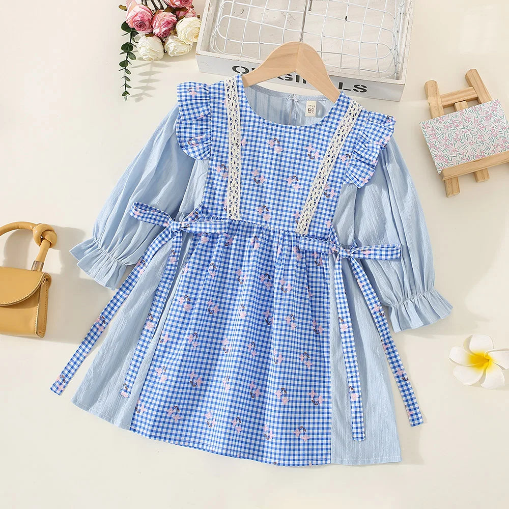 Baby Girl Plaid Floral Dress – Long-Sleeve Princess Outfit for Spring & Autumn, Countryside Style Birthday Party Dress